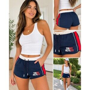 Tommy Hilfiger Women's Athletic Running Shorts Navy Red White Logo Drawstring M